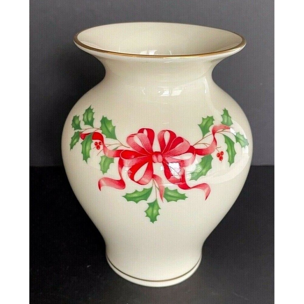 Lenox Say It with Silk Christmas Holiday Vase Red Ribbon Gold Trim Small 5 1/2"